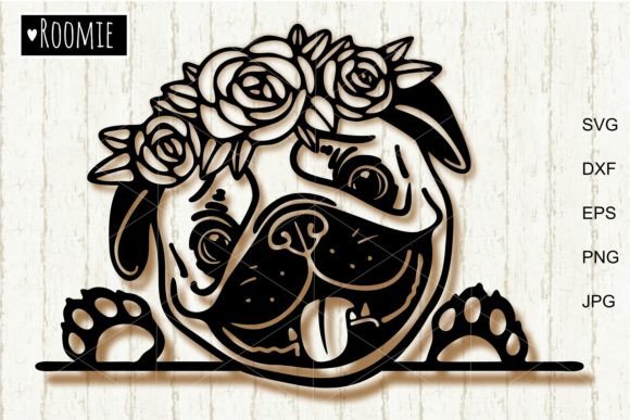 Peeking Pug Dog with Flowers